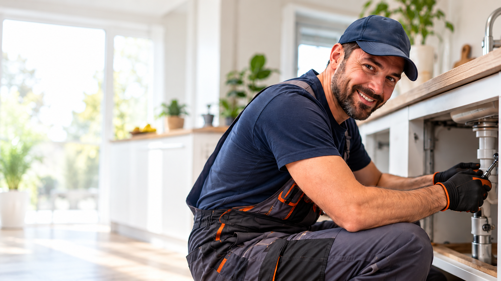 Řemeslník při opravě instalace v kuchyni
