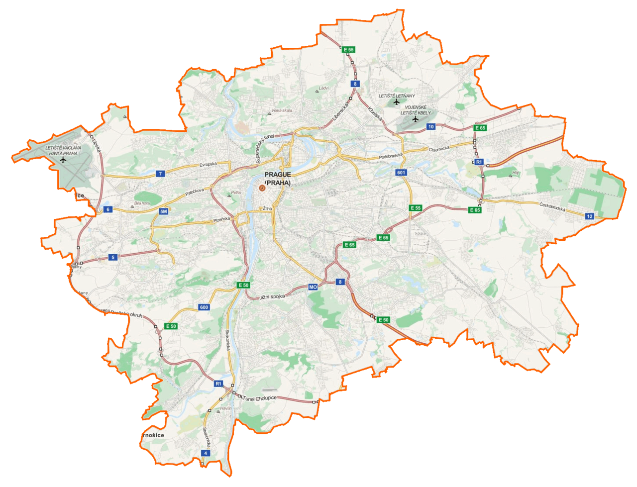 Mapa celého území Prahy s vyznačenými hranicemi města